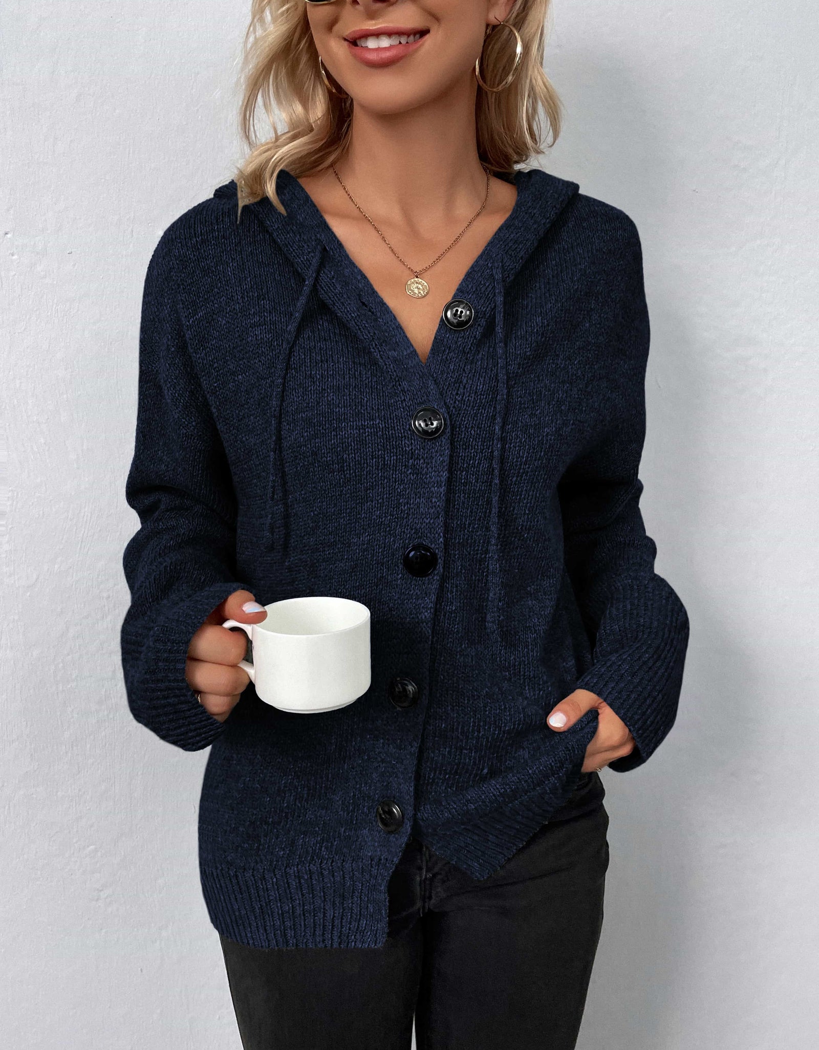 Button-Down Long Sleeve Hooded Sweater