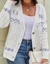 Printed V-Neck Buttoned Cardigan