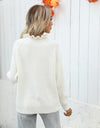 Button Detail Frill Neck Rib-Knit Sweater