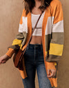 Color Block Lantern Sleeve Open Front Cardigan with Pockets