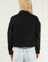 Sequin Button Up Raw Hem Denim Jacket