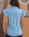 Raw Hem Button Up Cap Sleeve Denim Top