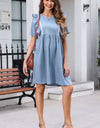 Ruffled Round Neck Short Sleeve Denim Dress