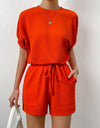 Waffle-Knit Round Neck T-Shirt and Pocketed Shorts Lounge Set