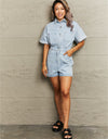 Collared Neck Denim Romper with Pockets