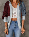 Woven Right Color Block Cable-Knit Batwing Sleeve Cardigan