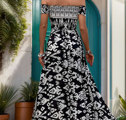 Perfee Slit Printed Off-Shoulder Dress