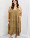 Zenana Full Size Spaghetti Strap Tiered Dress with Pockets in Khaki