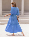 Tassel Trim Smocked V-Neck Short Sleeve Dress