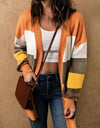 Color Block Lantern Sleeve Open Front Cardigan with Pockets