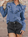 Ruffled Round Neck Long Sleeve Denim Top