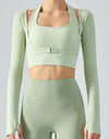 Ribbed Faux Layered Halter Neck Cropped Sports Top