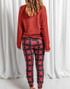 Round Neck Top and Drawstring Plaid Pants Lounge Set