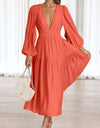 Deep V-Neck Balloon Sleeve Plain Maxi Dress