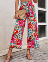 Floral Tie Belt Wide Leg Pants