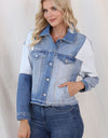 Color Block Distressed Button Up Denim Jacket