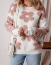 Flower Round Neck Long Sleeve Knit Top