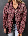 Leopard Raw Hem Button Up Denim Jacket