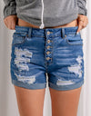 Distressed Button Fly Striped Lining Denim Shorts