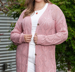 Plus Size Openwork V-Neck Long Sleeve Buttoned Cardigan