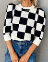 Plaid Round Neck Three-Quarter Sleeve Sweater