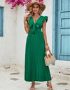 Tied Ruffled V-Neck Pleated Dress