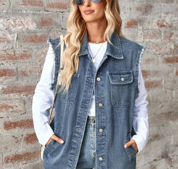 Raw Hem Sleeveless Button Up Denim Jacket