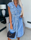 Collared Neck Cap Sleeve Denim Dress