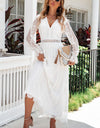 Scalloped Hem Flounce Sleeve Lace V-Neck Maxi Dress