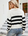 Striped Collared Neck Drop Shoulder Knit Top