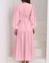 Deep V-Neck Balloon Sleeve Plain Maxi Dress