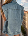 Pocketed Button Up Cap Sleeve Denim Jacket