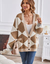 Geometric Lantern Sleeve Cardigan with Pockets