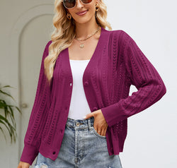 Openwork Button Front V-Neck Cardigan