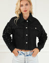 Sequin Button Up Raw Hem Denim Jacket