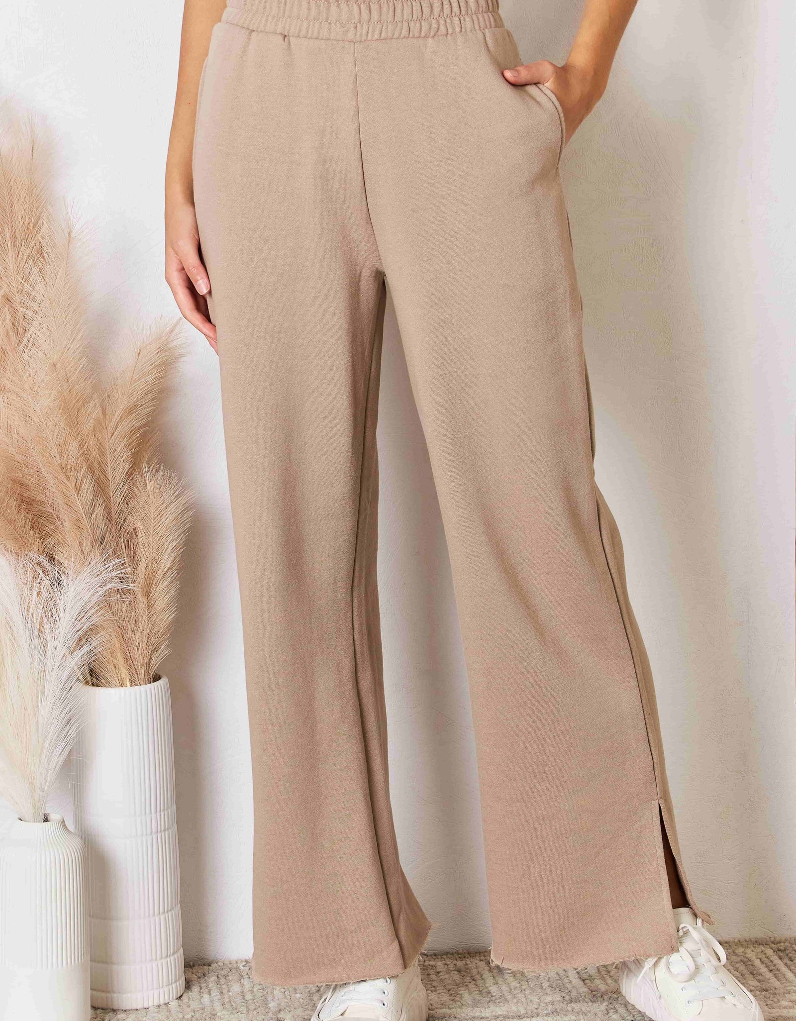 RISEN Wide Waistband Slit Wide Leg Pants