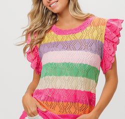 BiBi Pointelle Striped Ruffled Knit Top