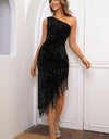 Sequin Asymmetrical Fringe Hem One-Shoulder Dress