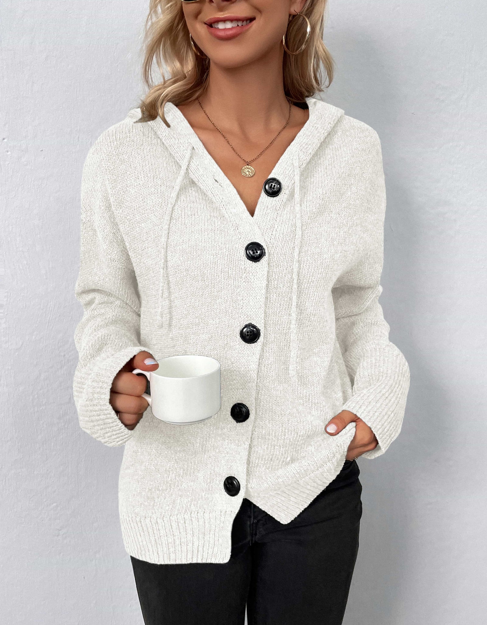 Button-Down Long Sleeve Hooded Sweater