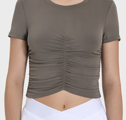 Ruched Round Neck Short Sleeve Active T-Shirt