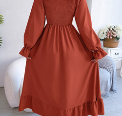 Smocked Square Neck Flounce Sleeve Dress