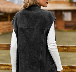 Button Up Collared Neck Sleeveless Denim Jacket