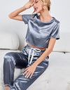 Satin Short Sleeve Crop Top and Joggers Lounge Set