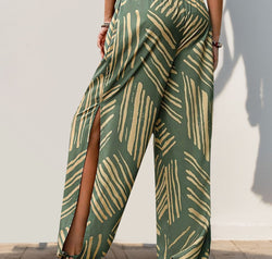 Smocked Slit Printed High Waist Pants