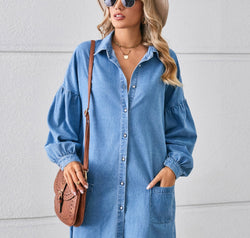 Button Up Pocketed Raw Hem Denim Dress