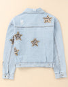 Leopard Star Applique Distressed Denim Jacket