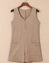 Waffle-Knit Half Button Sleeveless Romper with Pockets