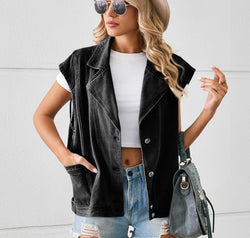 Pocketed Button Up Sleeveless Denim Jacket