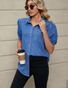 Puff Sleeve Collared Denim Top