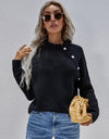 Button Detail Frill Neck Rib-Knit Sweater